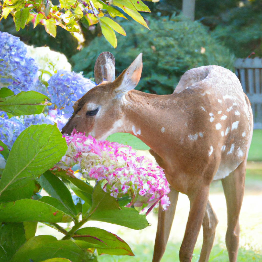 whitetail fawn eating a hydrangea plant