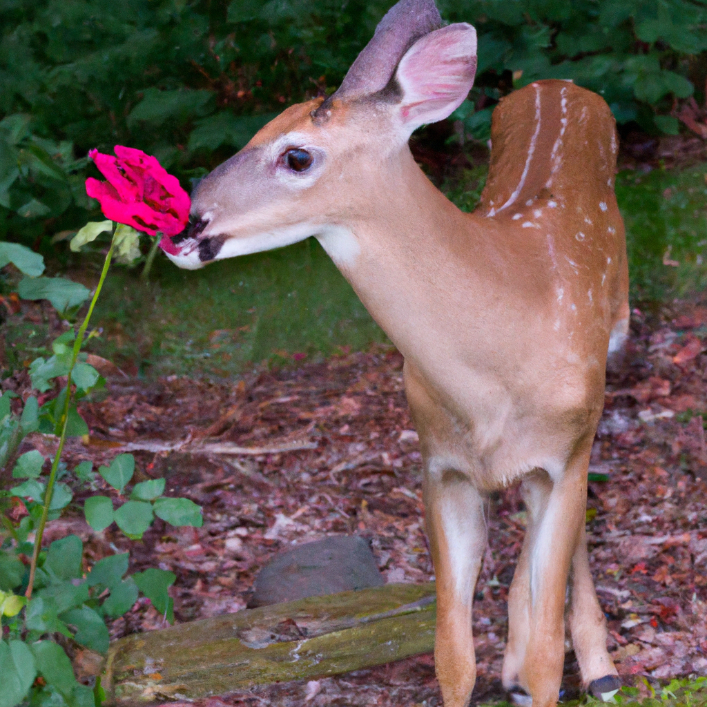 whitetail fawn eating a rose